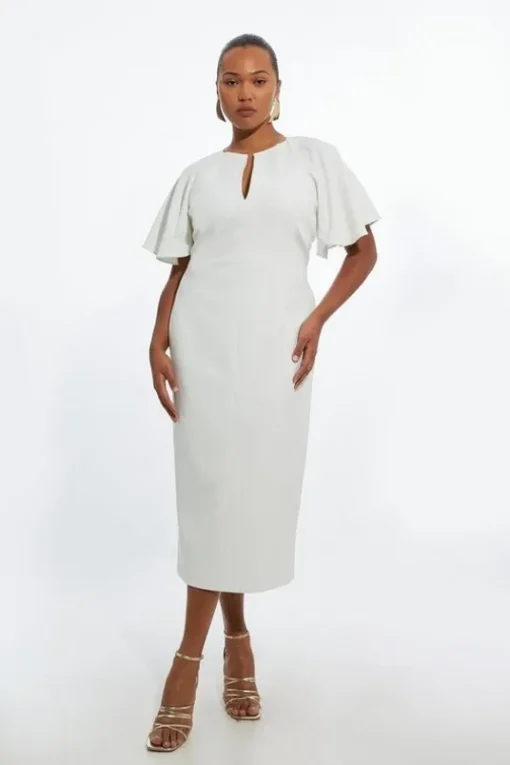 Plus Size Structured Crepe Ruffle Sleeve Tailored Midi Pencil Dress