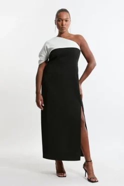 Plus Size Structured Crepe Asymmetric Cape Detail Tailored Midi Dress