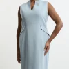 Plus Size Structured Crepe High Neck Tailored Midi Pencil Dress