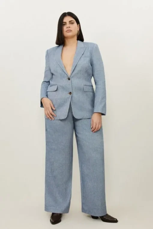 Plus Size Tailored Denim Look Linen Wide Leg Pants