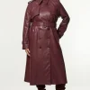 Plus Size Tailored Faux Leather Belted Trench Coat