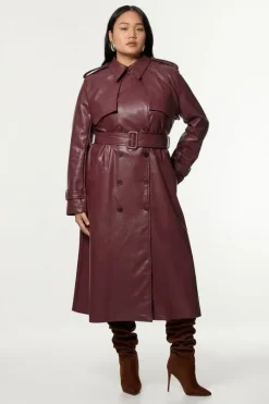 Plus Size Tailored Faux Leather Belted Trench Coat
