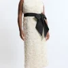 Plus Size Textured Rosette Bow Belted Pencil Dress