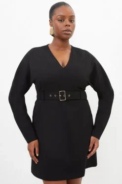 Plus Size V Neck Belted Ponte Jersey Mini Dress