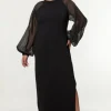 Plus Size Viscose Blend Compact Knit Chiffon Sleeve Maxi Dress
