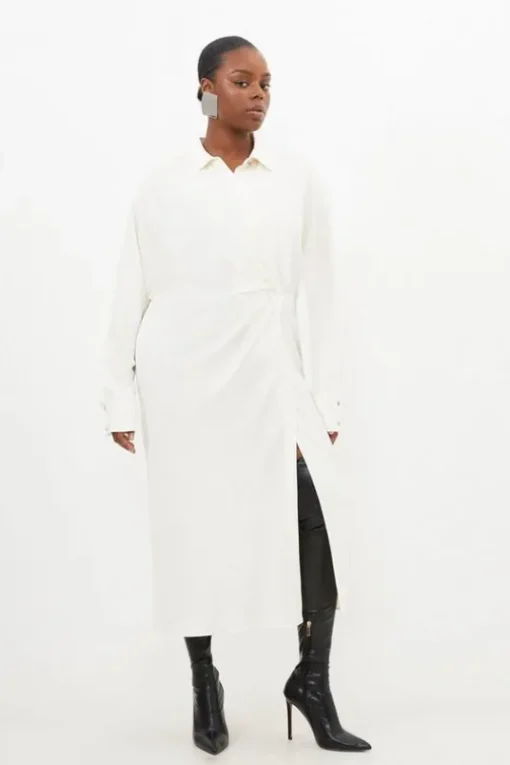 Plus Size Viscose Crepe Long Sleeve Woven Midi Shirt Dress