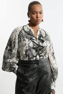 Plus Size Viscose Crinkle Placed Lace Printed Blouse