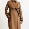 Plus Size Wool Blend Pu Trim Belted Tailored Double Breasted Coat