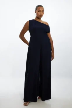 Plus Structured Crepe Drop Shoulder Pleated Panel Jumpsuit