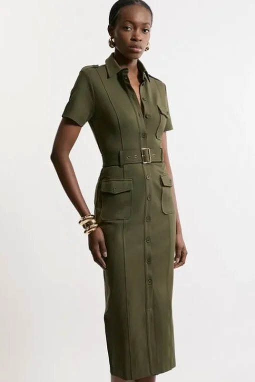 Pocket Detail Ponte Jersey Short Sleeve Midi Dress