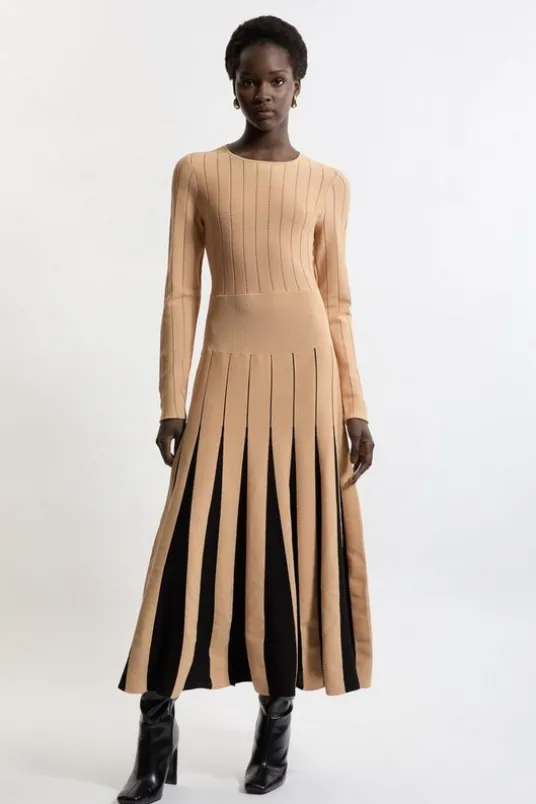 Pointelle Color Block Full Skirted Viscose Blend Knit Dress