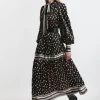 Polka Dot Woven Balloon Sleeve Belted Midaxi Dress
