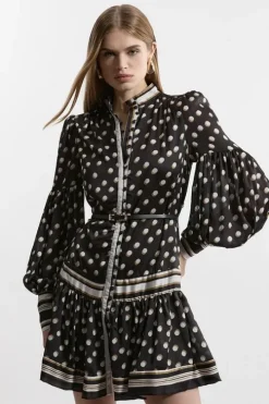 Polka Dot Woven Balloon Sleeve Belted Mini Dress