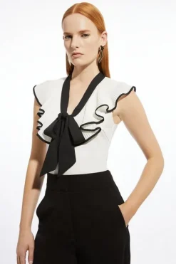 Ponte And Georgette Jersey Contrast Frill Detail Bodysuit