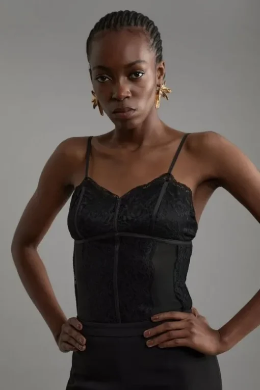 Ponte And Lace Jersey Strappy Bodysuit