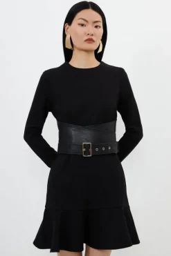 Ponte And Pu Mix Buckle Detail Mini Dress