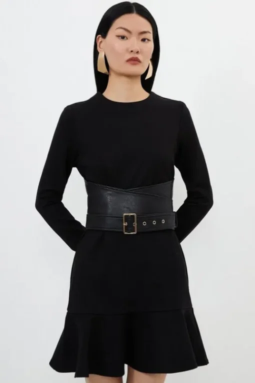 Ponte And Pu Mix Buckle Detail Mini Dress