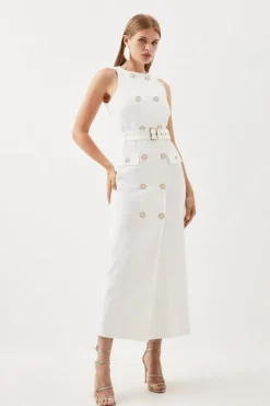 Ponte Button Detail Belted Midi Dress