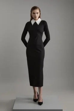 Ponte Embellished Contrast Collar Fitted Maxi Dress
