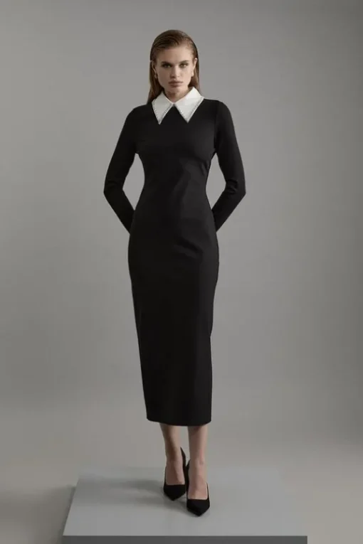 Ponte Embellished Contrast Collar Fitted Maxi Dress
