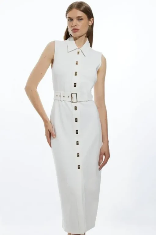 Ponte Jersey Hardwear And Pu Detail Midi Dress