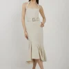 Ponte Jersey Strappy Waterfall Hem Midi Dress