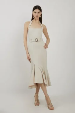 Ponte Jersey Strappy Waterfall Hem Midi Dress
