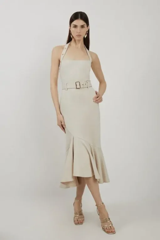 Ponte Jersey Strappy Waterfall Hem Midi Dress