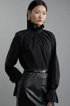 Poplin High Neck Ruffle Neck And Cuff Detail Woven Blouse