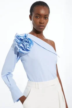 Poplin Rosette One Shoulder Woven Shirt