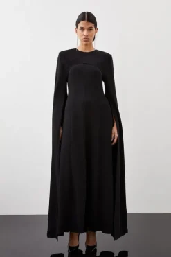 Premium Bonded Viscose Crepe Detachable Cape Woven Maxi Dress