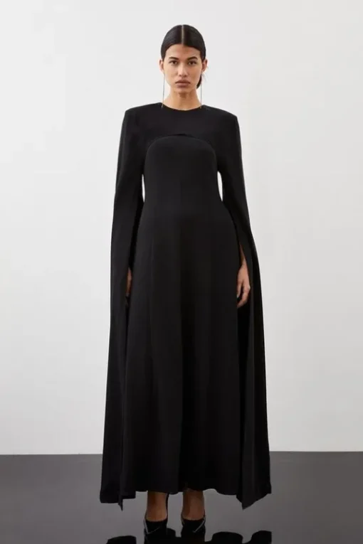 Premium Bonded Viscose Crepe Detachable Cape Woven Maxi Dress