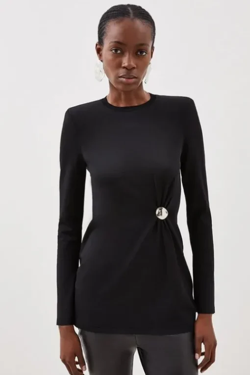 Premium Drape Funnel Neck Knit Gathered Trim Sweater