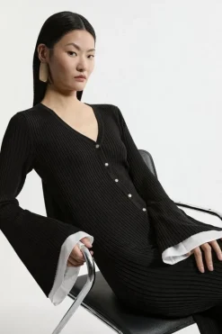 Premium Drape Rib Knit Woven Cuff Maxi Dress