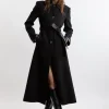 Premium Italian Manteco Wool Pu Trim Belted Tailored Maxi Coat