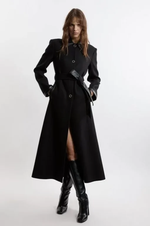 Premium Italian Manteco Wool Pu Trim Belted Tailored Maxi Coat