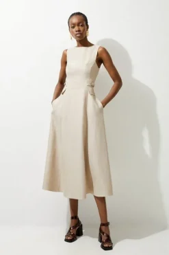 Premium Linen Tab Waist Detail Full Skirt Tailored Midi Dress