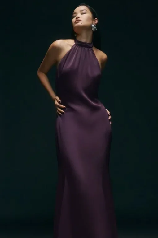 Premium Satin Halter Neck Tailored Maxi Dress