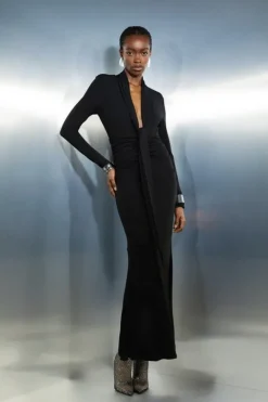 Premium Stretch Crepe Jersey Plunge Neck Maxi Dress