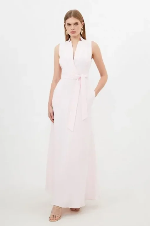 Premium Tailored Linen Notch Neck Belted Midaxi Dress