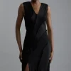 Premium Viscose Satin Panelled Strong Shoulder Woven Maxi Dress