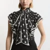 Printed Dobby Neck Tie Ruffle Blouse