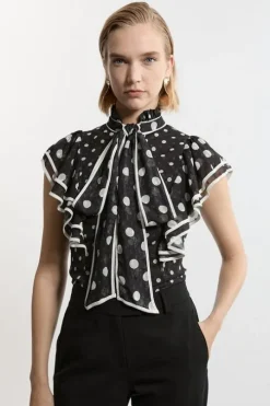 Printed Dobby Neck Tie Ruffle Blouse