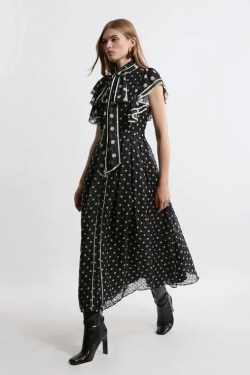 Printed Dobby Ruffle Midi Dress