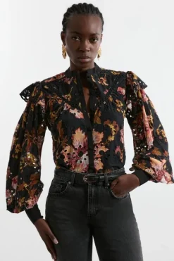 Printed Eyelet Woven Blouse With Guipure Trim