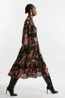 Printed Eyelet Woven Midi Dress With Guipure Trim