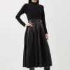 Pu Knit Pleated Skirt Midi Dress
