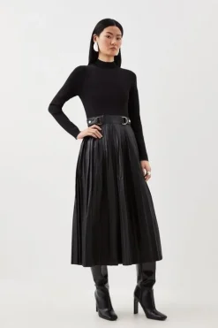 Pu Knit Pleated Skirt Midi Dress