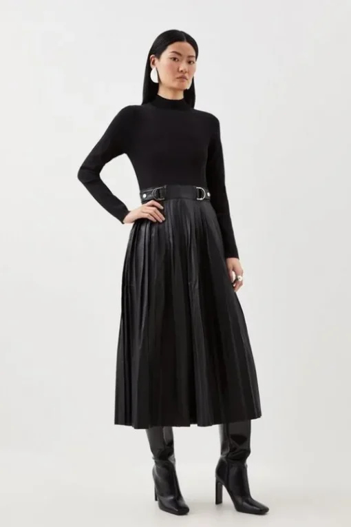 Pu Knit Pleated Skirt Midi Dress