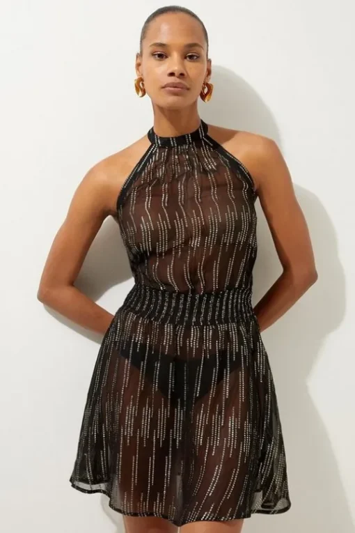 Racer Neck Metallic Thread Woven Beach Mini Dress